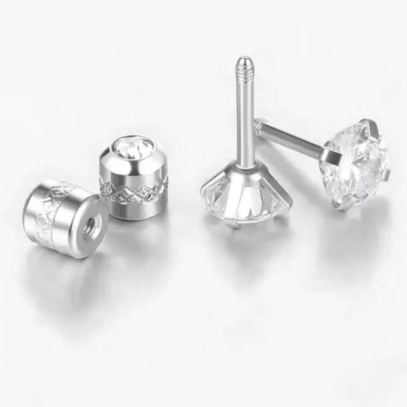 Diamond stud screw on earrings 6mm Hypoallergenic Cubic Zirconia Stainless steel - Picture 3 of 11